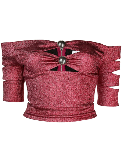 Area Cropped Off-the-shoulder Embellished Metallic Stretch-jersey Top In Red