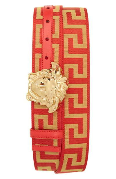 Versace First Line La Medusa La Greca Web Belt In Redgold- G