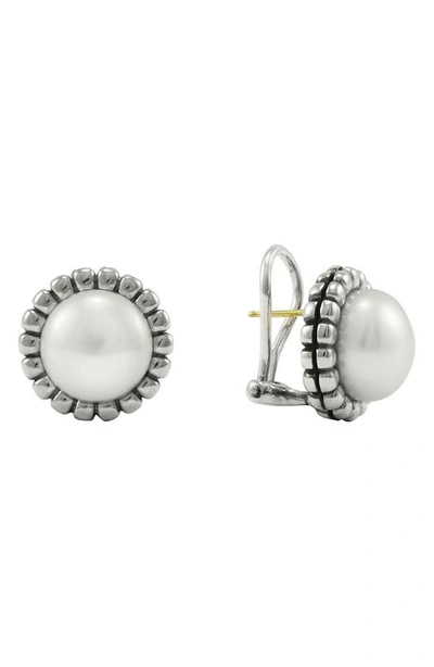 Lagos Sterling Silver Fluted Freshwater Pearl Earrings In Silver/ Pearl