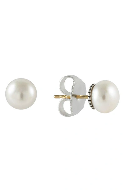 Lagos Sterling Silver Luna Fluted Button Post Cultured Pearl Earrings, 8mm In White/silver