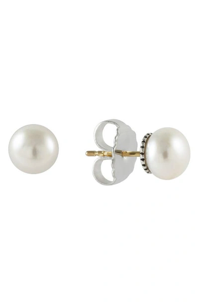 Lagos Sterling Silver Luna Fluted Button Post Cultured Pearl Earrings, 8mm