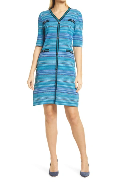 Ming Wang Contrast Trim Textured Stripe Knit Dress In Brt Teal/blk/ocean Bl/wht