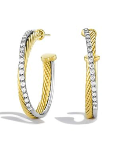 David Yurman Crossover Medium Hoop Earrings With Diamonds In Gold In Yellow Gold