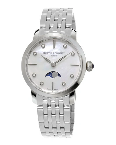 Frederique Constant Slimline Moonphase Stainless Steel Watch With Mother Of Pearl Dial, 30mm In Silver