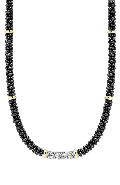 Lagos Black Caviar Ceramic And Pave Diamond Necklace With 18k Gold Stations, 16 In Black Caviar/ Gold