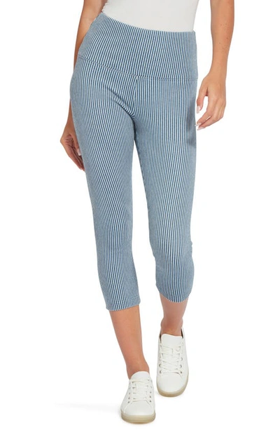 Lyssé Pattern Denim Capri Leggings In Mid Wash Stripe
