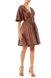 Mac Duggal Satin Pleated Cocktail Dress In Chocolate