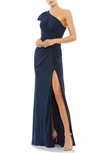 Mac Duggal One-shoulder Jersey Faux Wrap Gown In Midnight