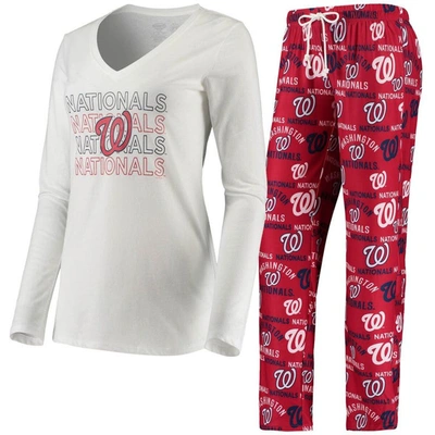 Concepts Sport Women's  White, Red Washington Nationals Flagship Long Sleeve V-neck T-shirt And Pants In White,red