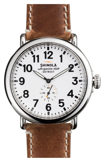 Shinola 'the Runwell' Leather Strap Watch, 47mm In Brown/white