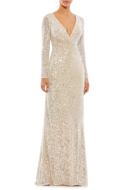 Mac Duggal Sequined Long Sleeve Trumpet Gown In Nude Silver
