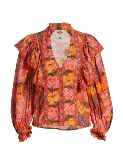 Farm Rio Bananas Ruffle Clip Dot Cotton Blouse In Red ModeSens