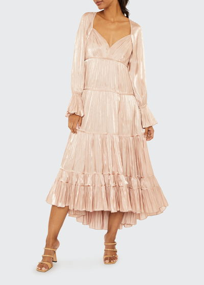 Cinq À Sept Nina Satin Tiered Long Sleeve Maxi Dress In Travertine