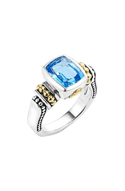 Lagos 18k Gold And Sterling Silver Caviar Color Small Ring With Swiss Blue Topaz In Blue/silver