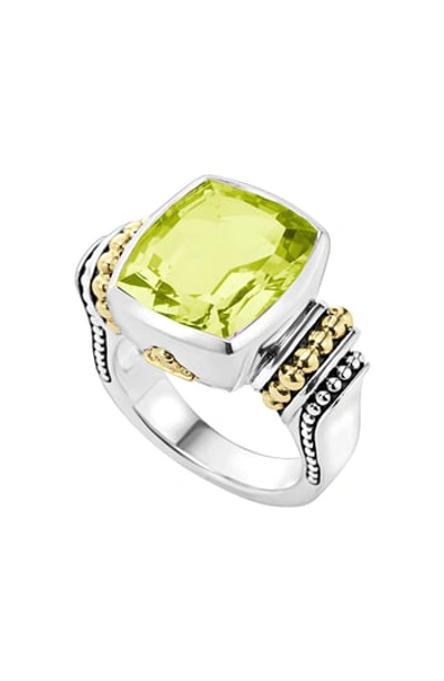 Lagos 18k Gold And Sterling Silver Caviar Color Medium Ring With Green Quartz In Green Quartz