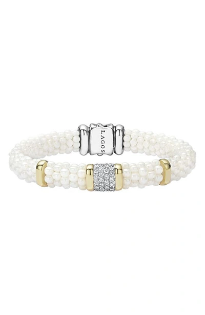 Lagos White Caviar Ceramic 18k Gold And Sterling Silver Square Station Bracelet With Diamonds