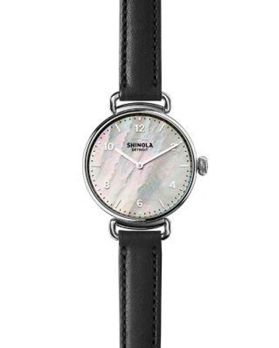 Shinola Canfield Leather Strap Watch, 32mm In Black/ White Mother Of Pearl