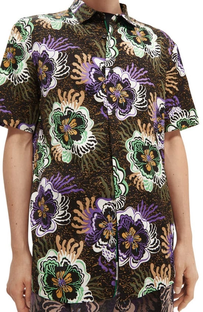 Scotch & Soda Slim Fit Floral Print Short Sleeve Button-up Shirt In Purple Floral Print