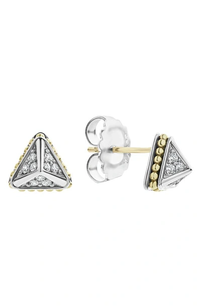 Lagos Ksl Lux Diamond Silver & 18k Gold Caviar 12mm Pyramid Stud Earrings In Silver/ Diamond