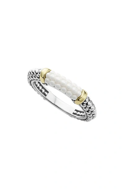 Lagos 18k Gold And Sterling Silver White Caviar Stacking Ring In White/multi