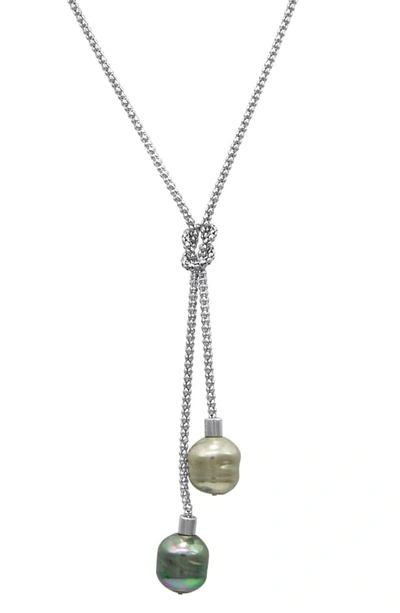 Majorica Sterling Silver Necklace, Organic Man-made Baroque Pearl Love Knot Lariat