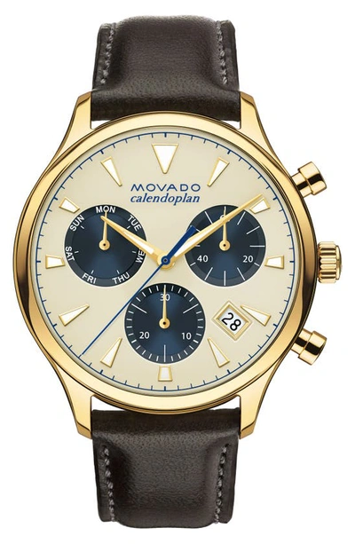 Movado 'heritage' Chronograph Leather Strap Watch, 43mm In Gold/black