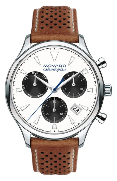 Movado 43mm Heritage Calendoplan Chronograph Watch With Perforated Leather Strap In White/brown