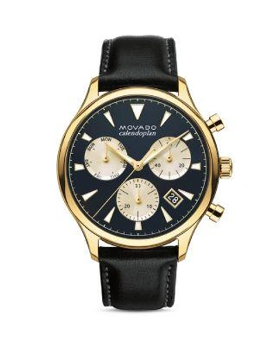 Movado 'heritage' Chronograph Leather Strap Watch, 43mm In Black/ Blue