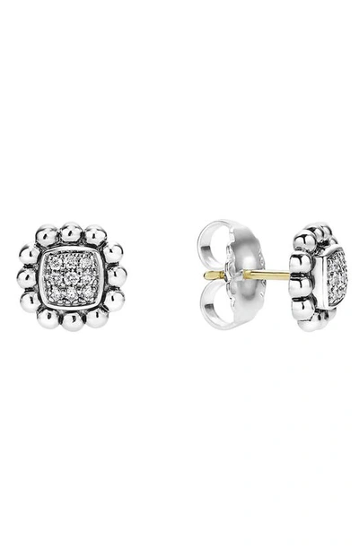 Lagos Sterling Silver Caviar Spark Diamond Square Stud Earrings In White/silver