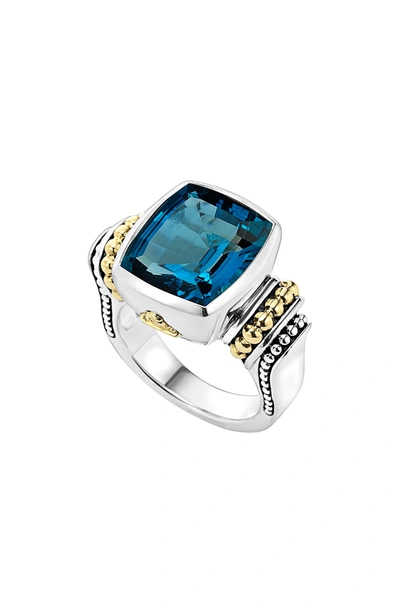 Lagos 18k Gold And Sterling Silver Caviar Color Bezel Ring With London Blue Topaz In London Blue Topaz