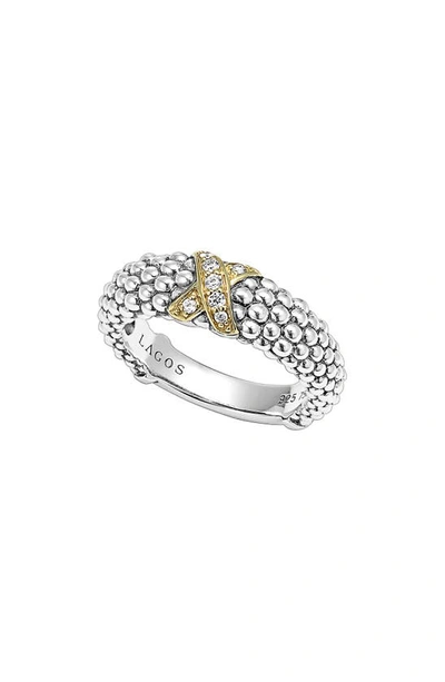 Lagos 18k Gold And Sterling Silver X Collection Diamond Caviar Ring In White/gold
