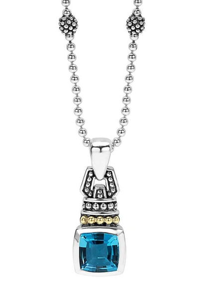 Lagos 18k Yellow Gold And Sterling Silver Caviar Color Pendant Necklace With Swiss Blue Topaz, 16 In Blue/silver