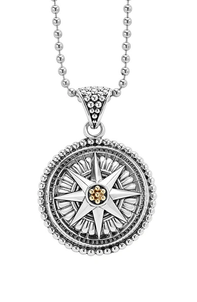 Lagos 18k Gold And Sterling Silver Signature Caviar Compass Pendant Ball Chain Necklace, 34 In Silver/gold