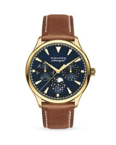 Movado Heritage Multifunction Leather Strap Watch, 36mm In Brown/ Blue/ Gold