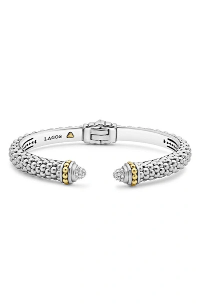 Lagos 18k Gold And Sterling Silver Caviar And Diamonds Cuff, 8mm In White/silver