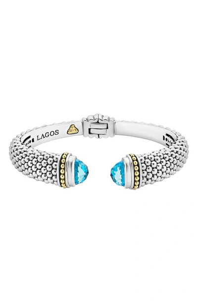 Lagos 18k Gold And Sterling Silver Caviar Color Blue Topaz Cuff, 12mm In Blue/silver