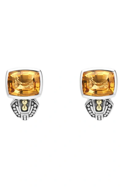 Lagos 18k Gold And Sterling Silver Caviar Color Citrine Huggie Drop Earrings In Orange/silver