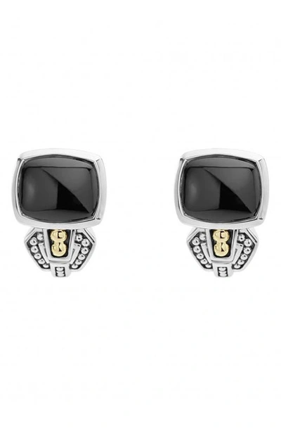 Lagos 18k Gold And Sterling Silver Caviar Color Onyx Huggie Drop Earrings In Black/silver