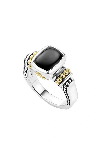 Lagos 18k Gold And Sterling Silver Caviar Color Small Onyx Small Ring In Black/silver
