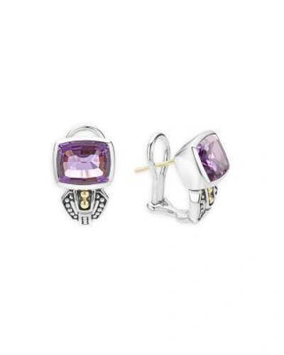 Lagos 18k Gold And Sterling Silver Caviar Color Stud Huggie Drop Earrings With Amethyst In Amethyst