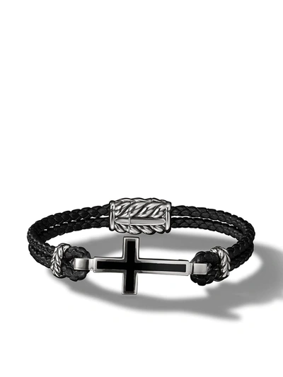 David Yurman Men's Exotic Stone Cross Station Leather Bracelet With Silver, 26mm In Black/silver