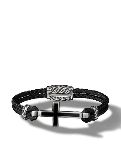 David Yurman Men's Exotic Stone Cross Station Leather Bracelet With Silver, 26mm In Black Onyx