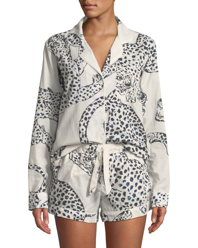 Desmond & Dempsey Leopard Print Classic Short Pajama Set In White