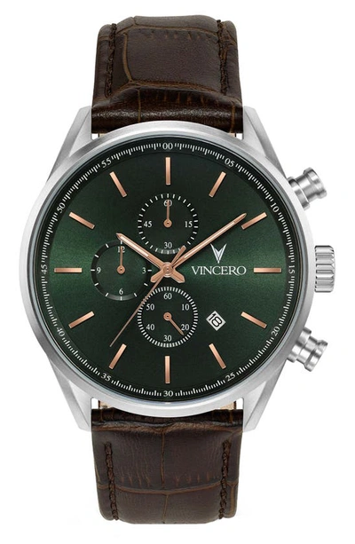 Vincero The Chrono S Chronograph Leather Strap Watch, 43mm In Dark Olive/ Silver