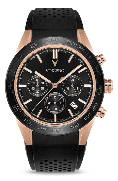 Vincero Rogue Chronograph Silicone Strap Watch, 43mm In Black/ Rose Gold