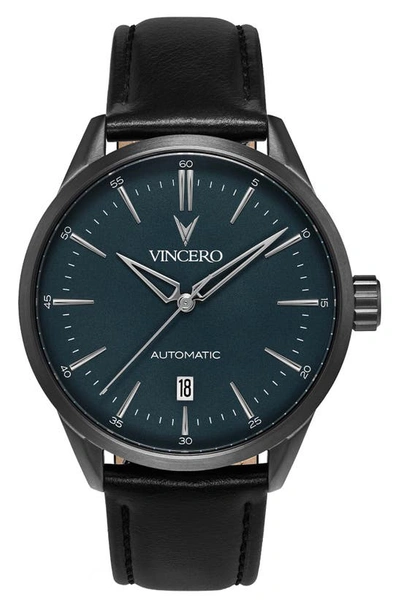 Vincero Icon Automatic Leather Strap Watch In Gunmetal/ Slate Blue