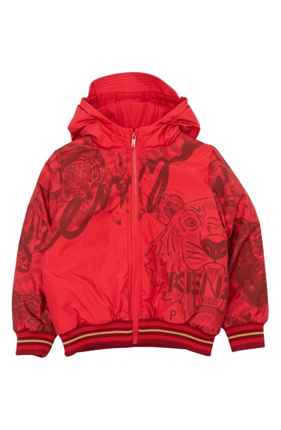 Kenzo Kids' Tiger Print Hooded Puffer Jacket In Red
