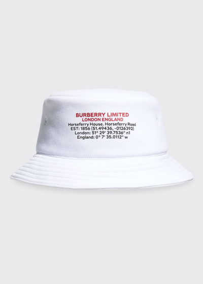 Burberry White Cotton Location Print Bucket Hat In White / Black Logo