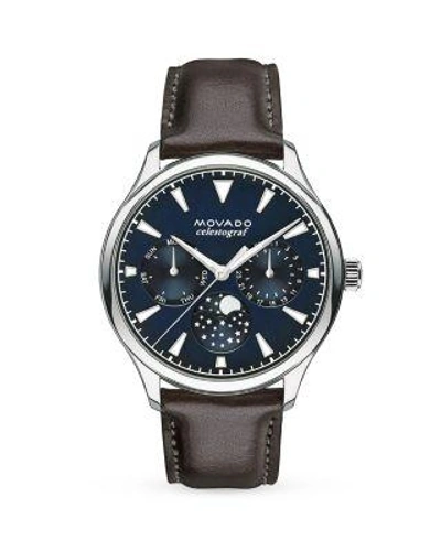 Movado 'heritage' Multifunction Leather Strap Watch, 36mm In Brown/ Blue/ Silver