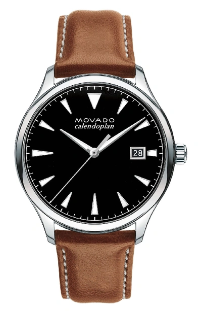 Movado 'heritage' Leather Strap Watch, 40mm In Black/brown